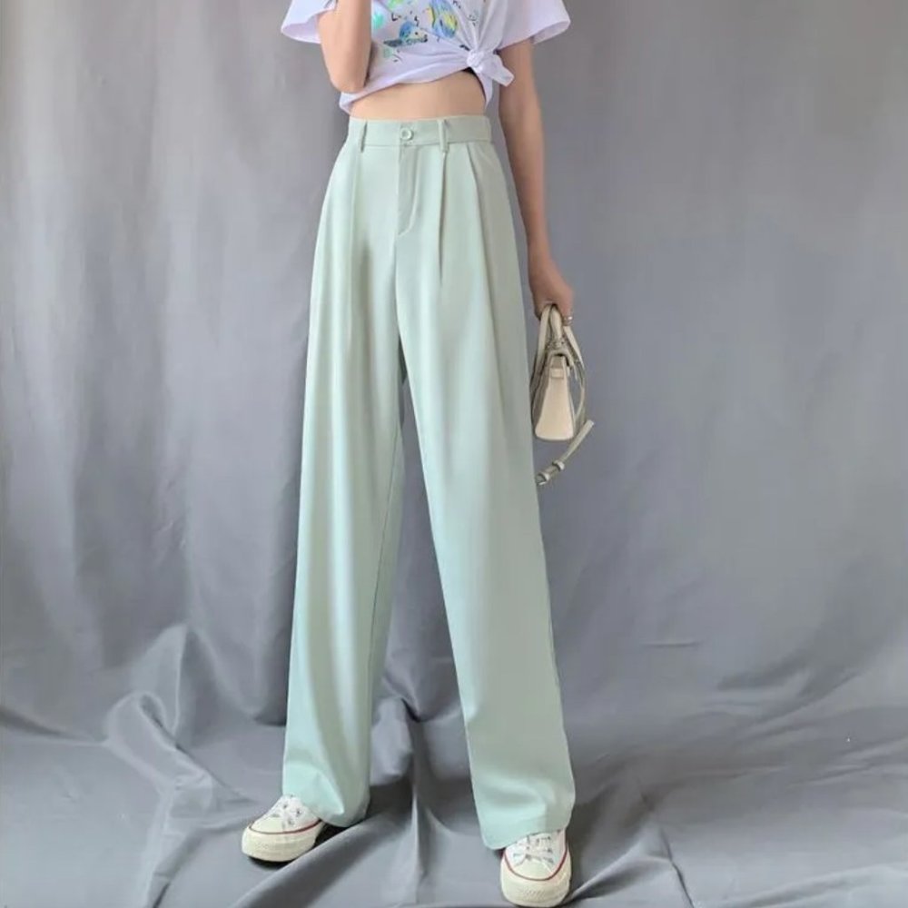 Light Green High-Waist Wide-Leg Dress Pants